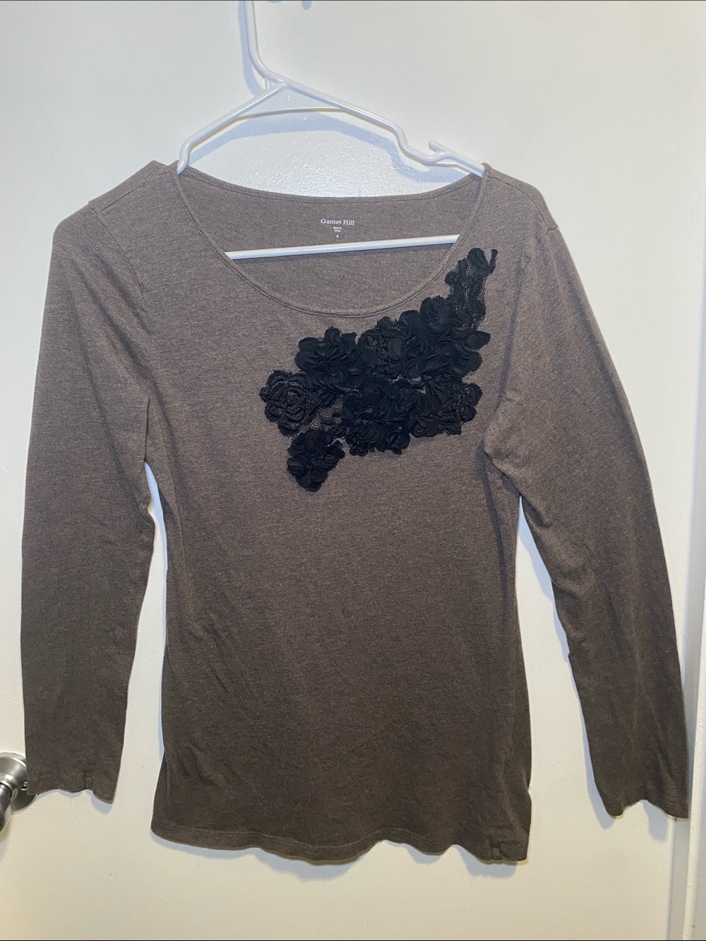 Garnet Hill Brown Long Sleeve Scoop Neck Top with Black Floral Appliqué